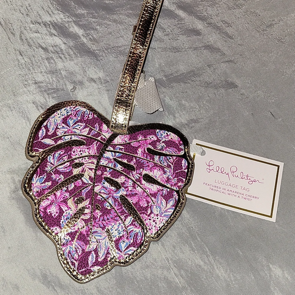 Lilly Pulitzer Gold & Pink Tropical Leaf Luggage Tag Bnwt Ls